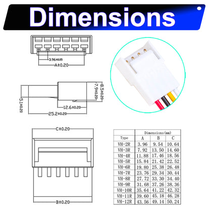 JST VH 3.96mm 2-12Pin Male Female Extension Cable 18AWG UL1007