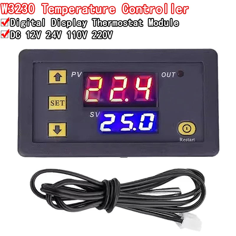 W3230 digital temperature controller with LED display, heating and cooling switch, supports DC 12/24V or AC 110/220V, NTC sensor for precise control