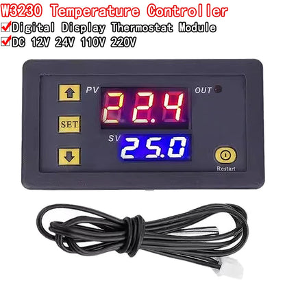 W3230 digital temperature controller with LED display, heating and cooling switch, supports DC 12/24V or AC 110/220V, NTC sensor for precise control