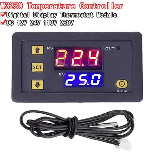 W3230 digital temperature controller with LED display, heating and cooling switch, supports DC 12/24V or AC 110/220V, NTC sensor for precise control