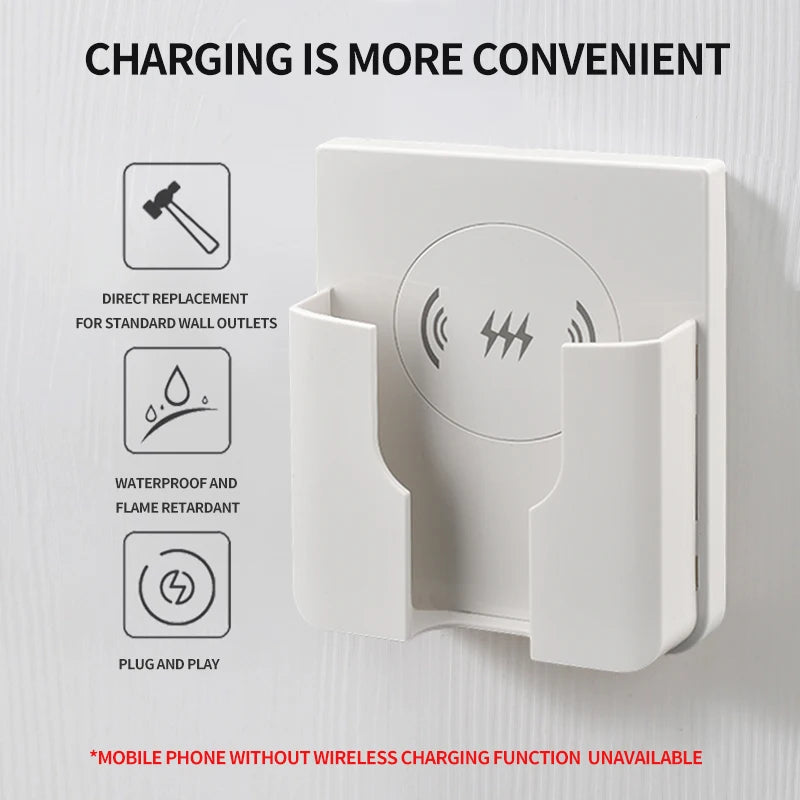 15W wall mount wireless charger Qi panel for universal fast charging of iPhone and Android devices, flush in-wall AC 110–220V installation