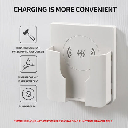 15W wall mount wireless charger Qi panel for universal fast charging of iPhone and Android devices, flush in-wall AC 110–220V installation