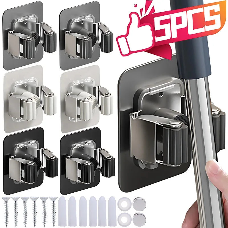 Wall mounted mop holder multi-purpose hooks and organizer rack