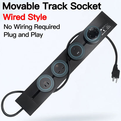 Wall-mounted power track outlet rail structure with USB-C port and modular socket strip for office or home use