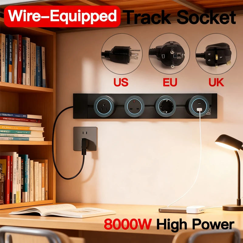 Wall-mounted power track outlet rail modular sliding socket strip with USB-C and US, EU, UK adapters, grey/black for office and home