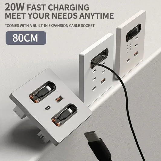 86-type wall socket panel showing 20W USB-C PD and USB-A ports with 80CM retractable cable for fast charging