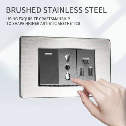 Italian-style stainless steel wall socket showing USB-C port and Schuko Chilean plug, 118x75mm brushed finish for home or office