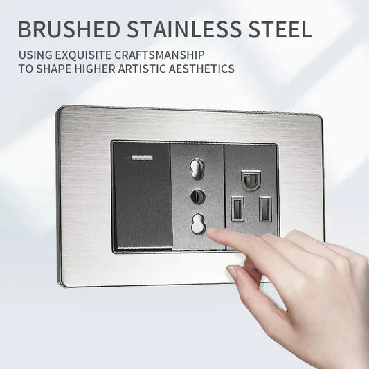 Italian-style stainless steel wall socket showing USB-C port and Schuko Chilean plug, 118x75mm brushed finish for home or office