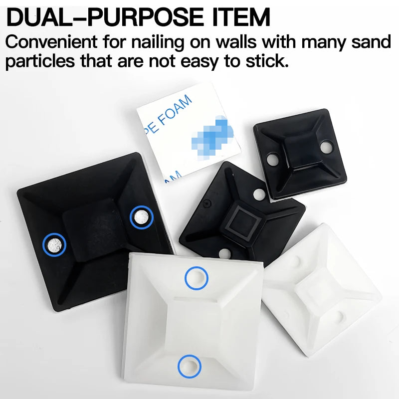 Self-adhesive cable tie mounts used for fixing wires to walls and managing cable routing efficiently