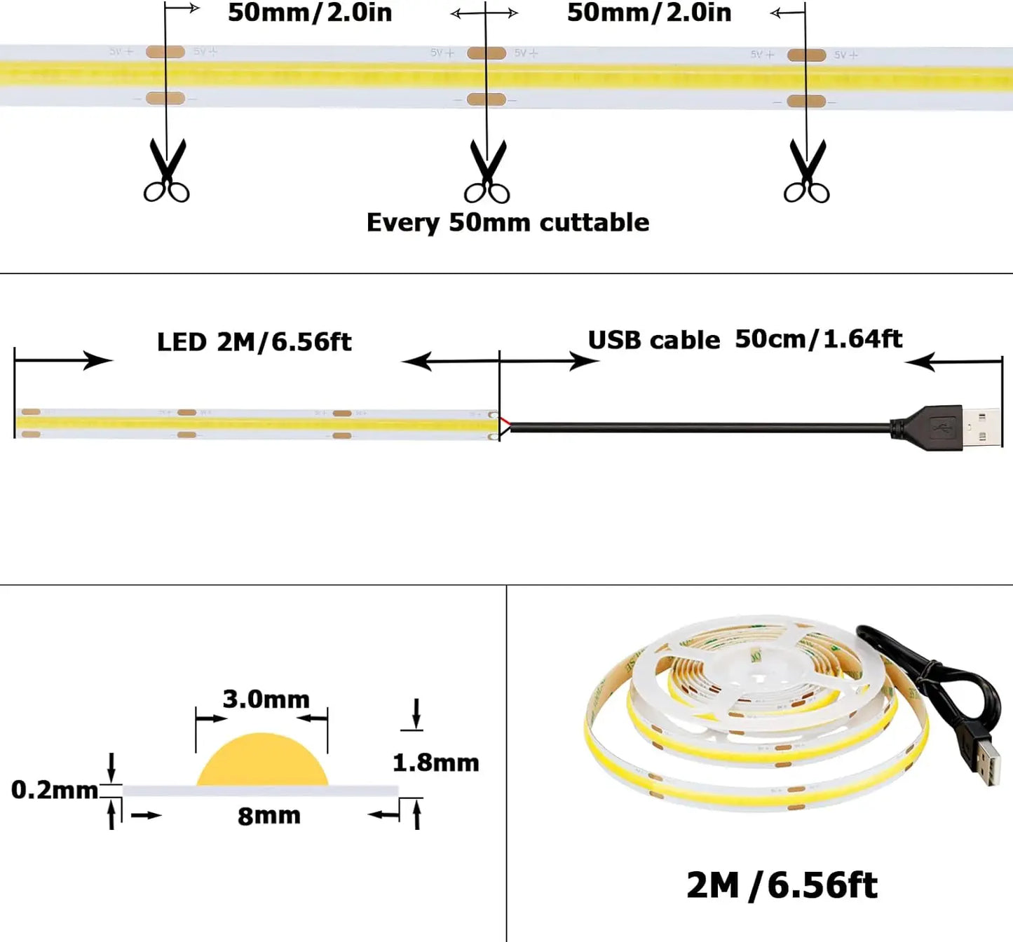 Warm white COB LED strip light for decoration