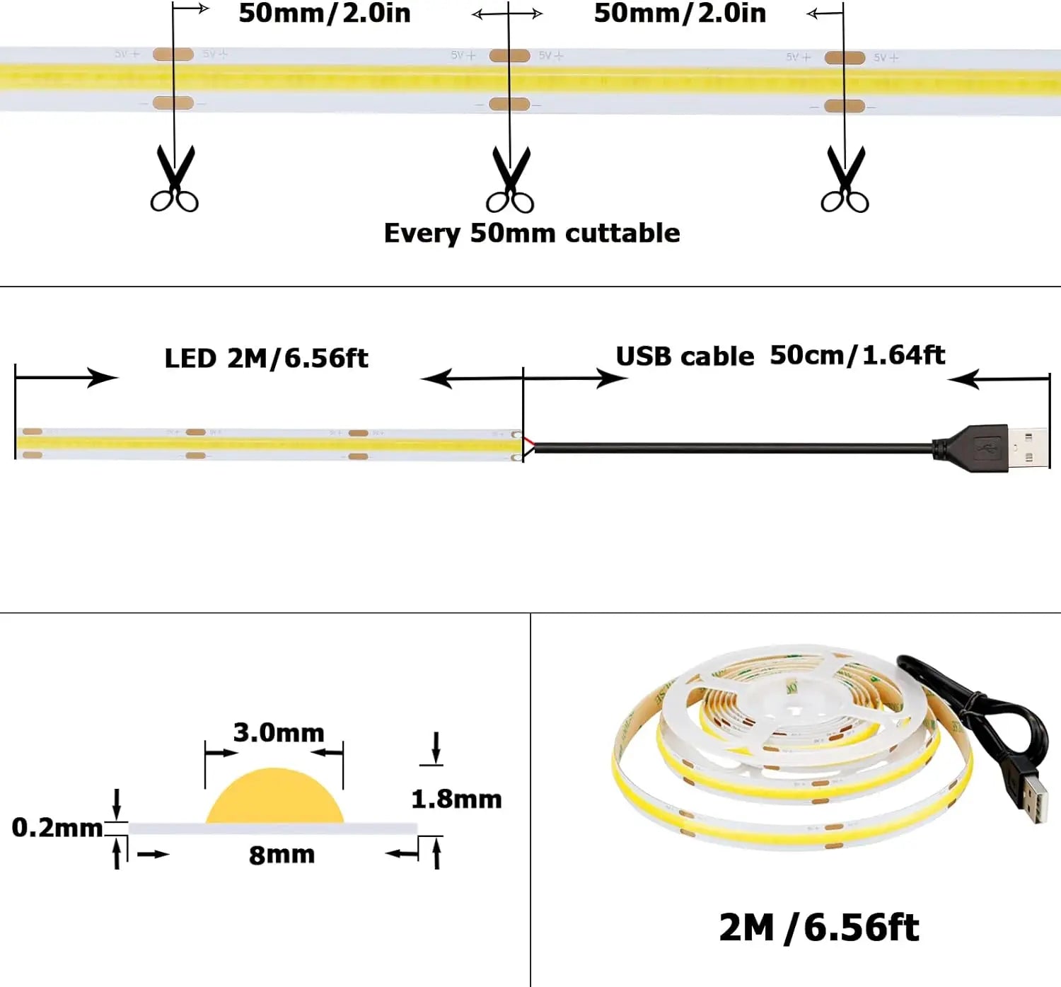 Warm white COB LED strip light for decoration