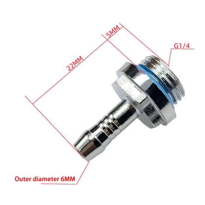Close-up of water cooling barb fitting 2-touch G1/4 thread hose pagoda connector with waterproof sealing ring, 4–14mm