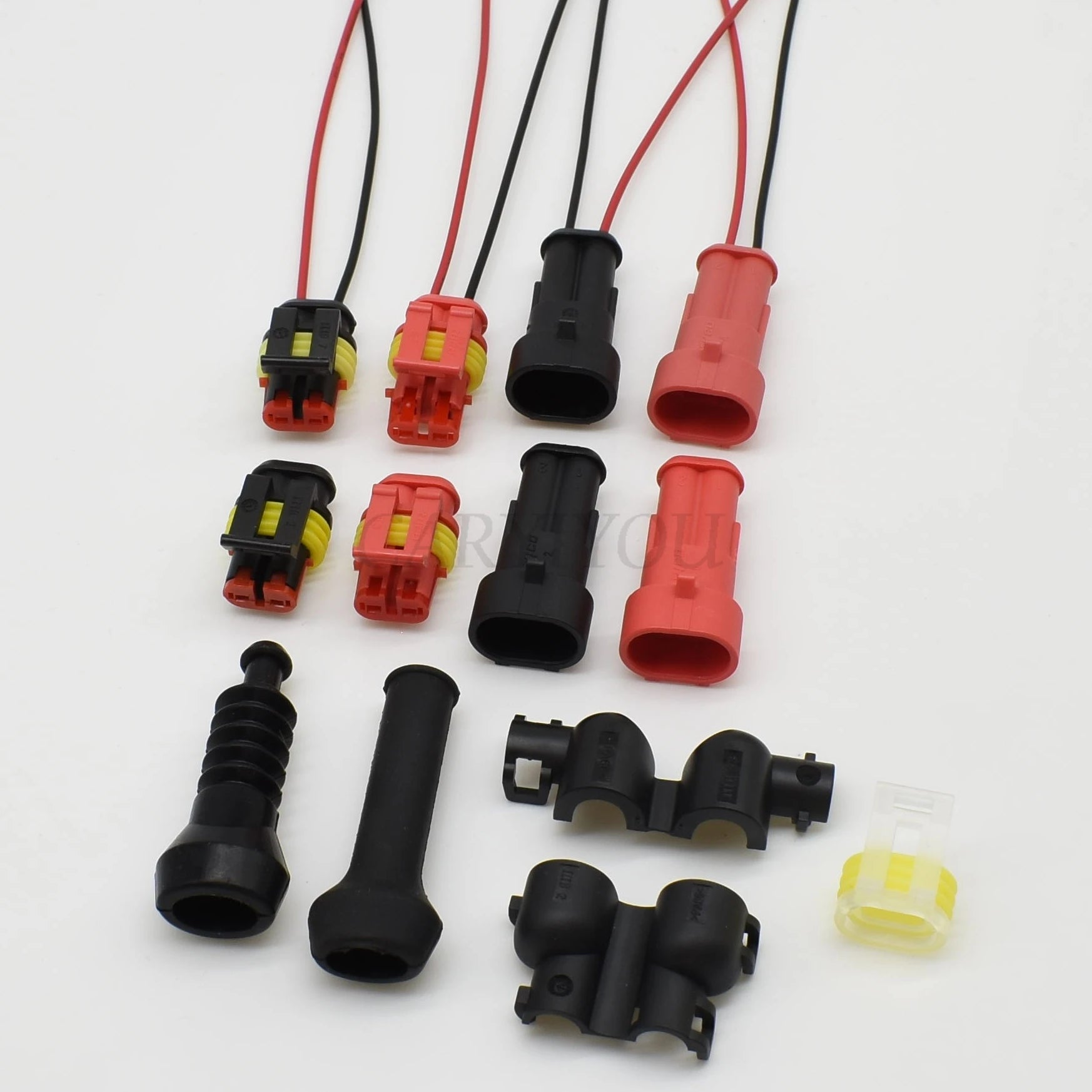 Front view of 2 pin waterproof automotive connector plug with male and female sealed terminals