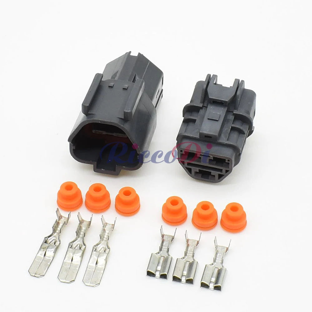 Close-up of 3 pin 6.3mm waterproof connector terminals for automotive use