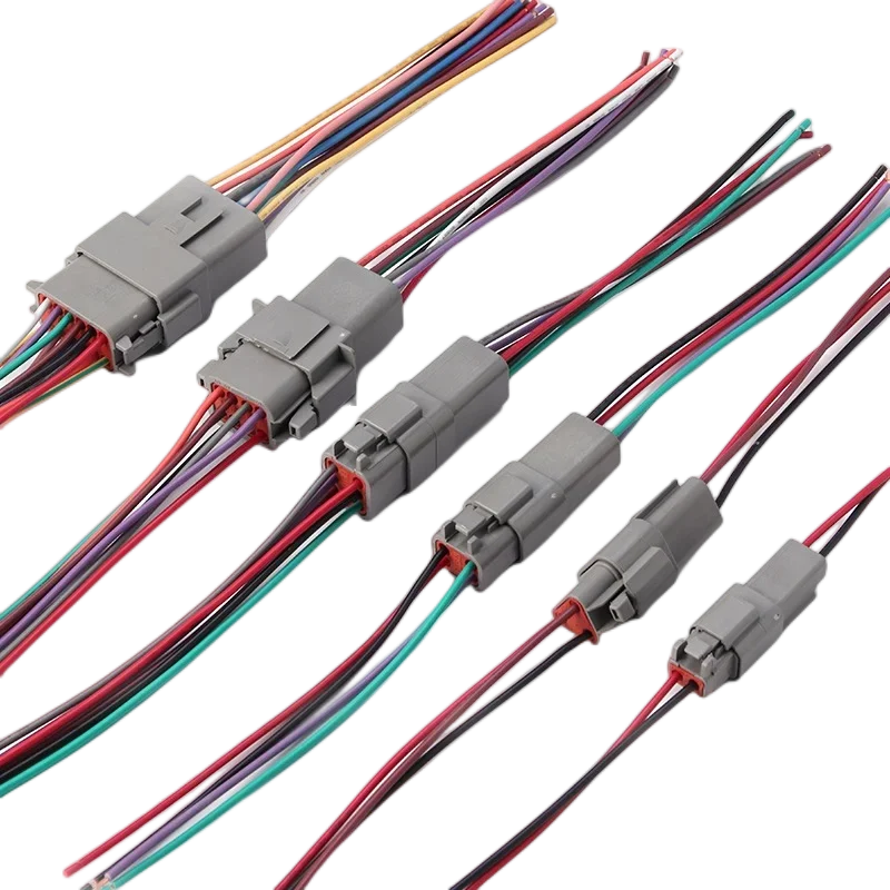 waterproof Deutsch DT connector with wire harness showing internal pin configuration for 2/3/4/6/8/12P
