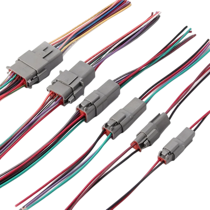 waterproof Deutsch DT connector with wire harness showing internal pin configuration for 2/3/4/6/8/12P