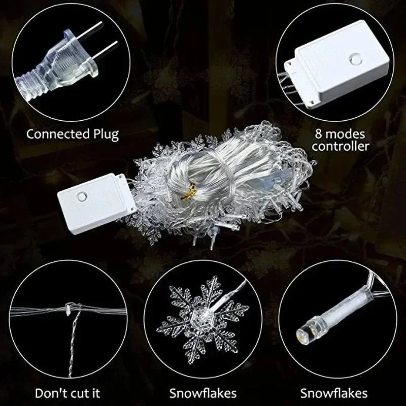 Waterproof LED snowflakes flashing string lights close up detail