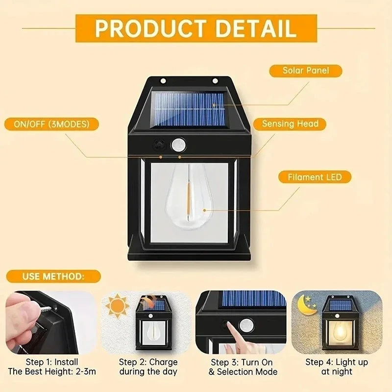 Waterproof solar wall light with tungsten warm lighting for outdoor use
