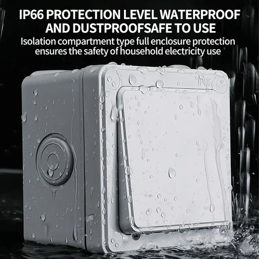 Outdoor IP66 wall switch showing 16A push button, 1/2/3 gang design, suitable for garden, patio, and exterior electrical applications