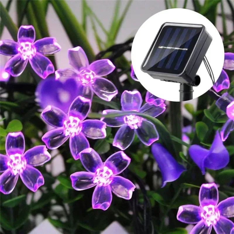 Solar-powered Sakura fairy string lights, 5/7/12/22M, LED peach blossom cherry lights for wedding, party, and garden outdoor decor