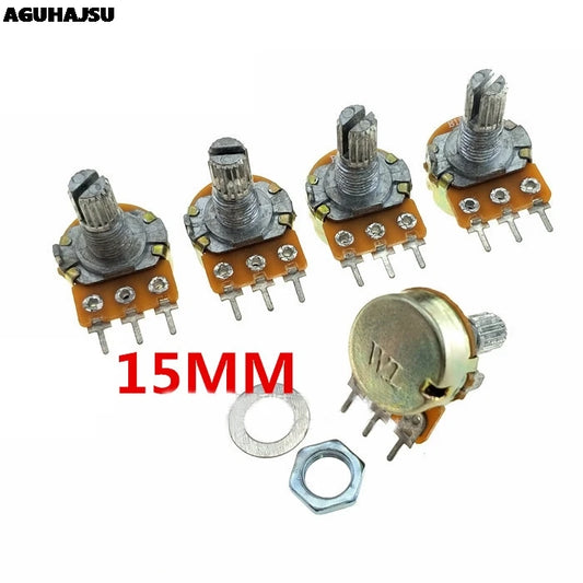 WH148 3-pin dual stereo potentiometer with 15mm shaft, available in 1K to 500K, suitable for amplifiers, audio circuits, and DIY electronics