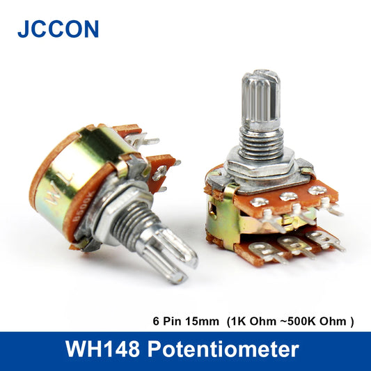 WH148 dual stereo amplifier potentiometer 1K–500KΩ 6-pin 15mm shaft