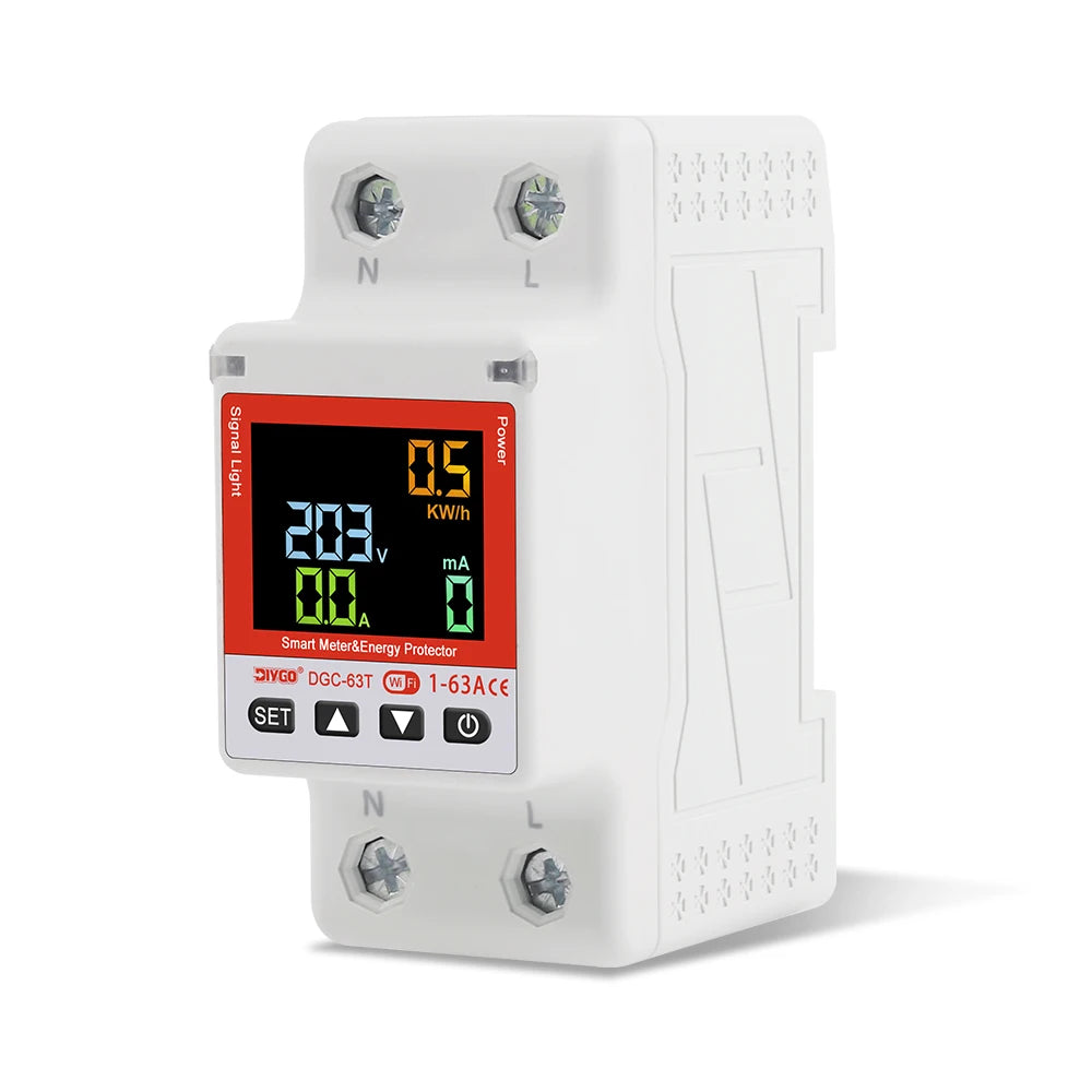 Close-up of DGC-63T 2P WiFi smart circuit breaker with remote control and adjustable current, timer, and protection features