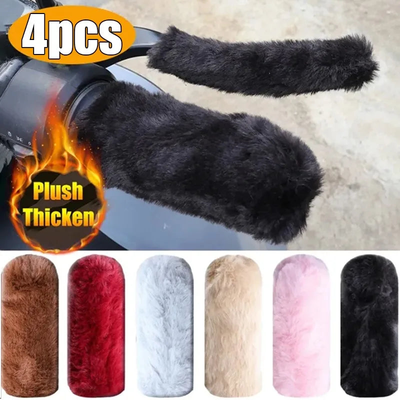 Plush handlebar grip covers for winter motorcycle and scooter use
