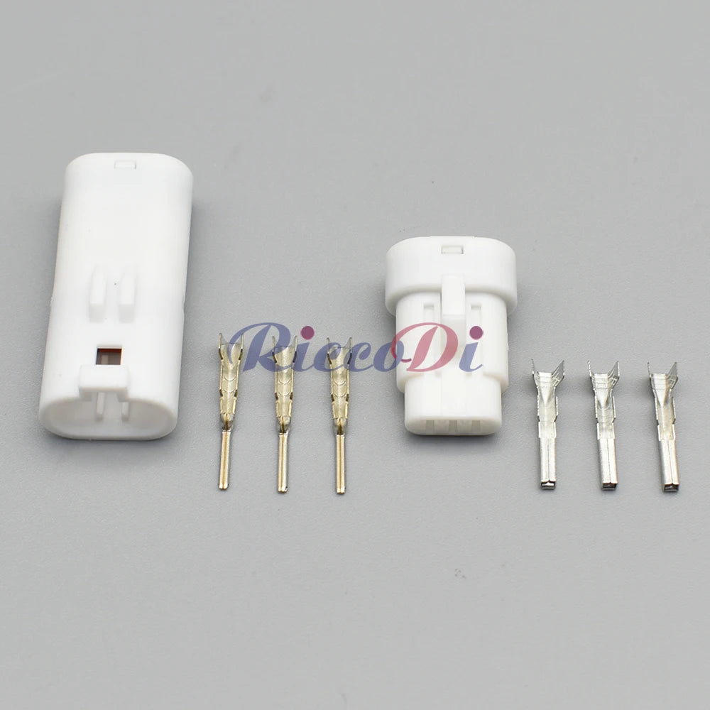 Close-up view of 3 pin 1.2mm male female auto wire harness connector terminals 7123-1835 7222-1835