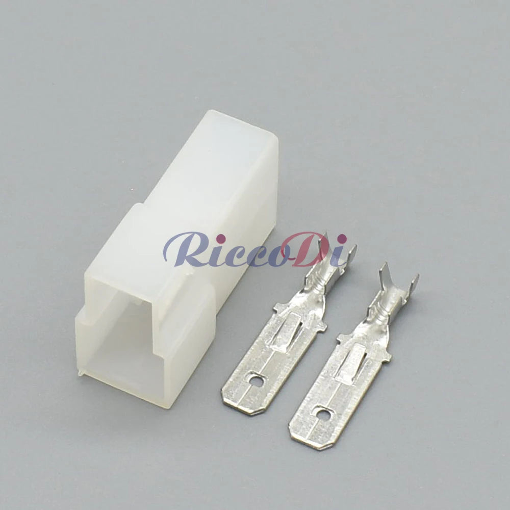 Side view of 2 pin automotive wiring harness connector plug with secure terminal