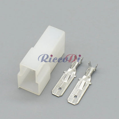 Side view of 2 pin automotive wiring harness connector plug with secure terminal
