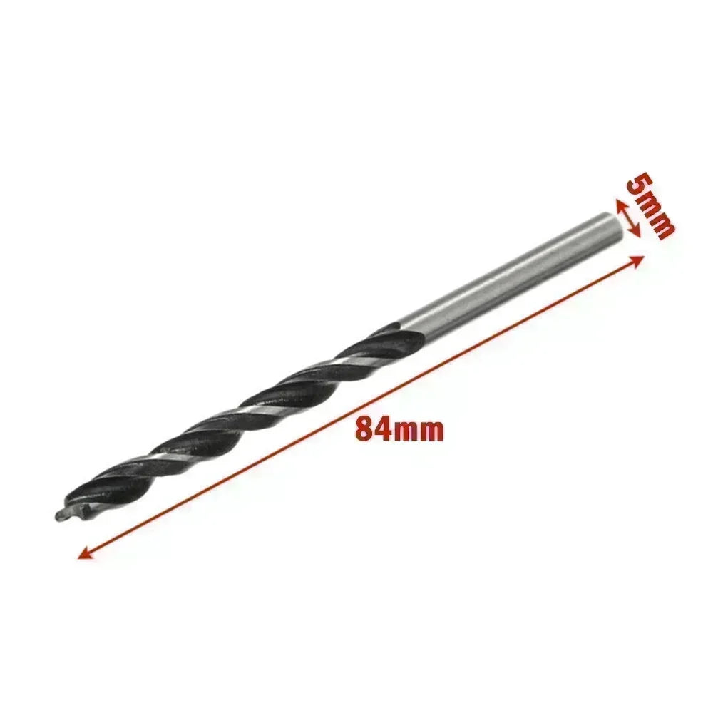 Woodworking spiral drill bits used in power tools for drilling 3mm, 4mm, and 5mm holes in wood