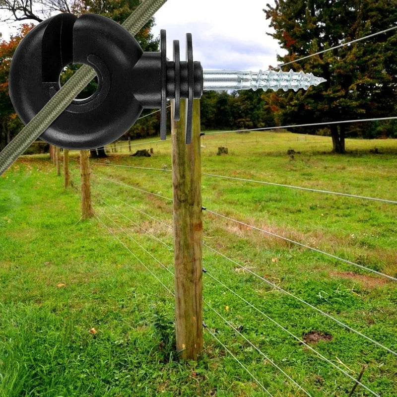 Self tapping wood post insulator for garden and farm electric fences