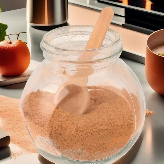 Small wooden measuring spoons for kitchen seasoning and jars