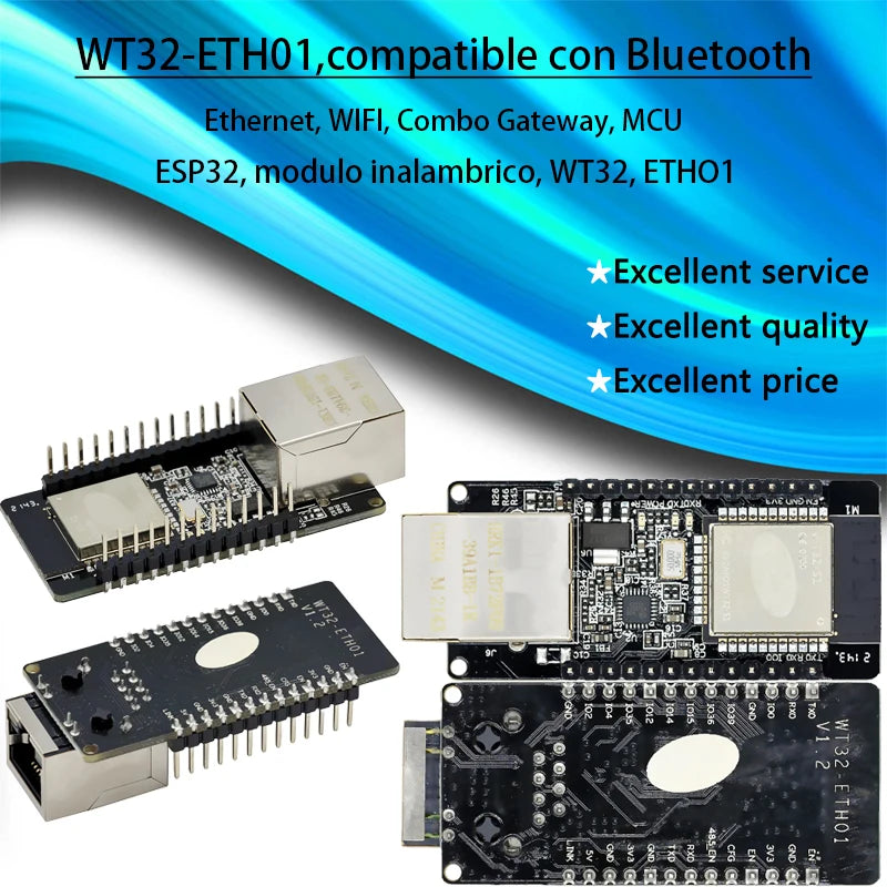 WT32-ETH01 ESP32 embedded module board with Ethernet, WiFi, and Bluetooth combo, suitable for IoT projects, MCU applications, and wireless networking