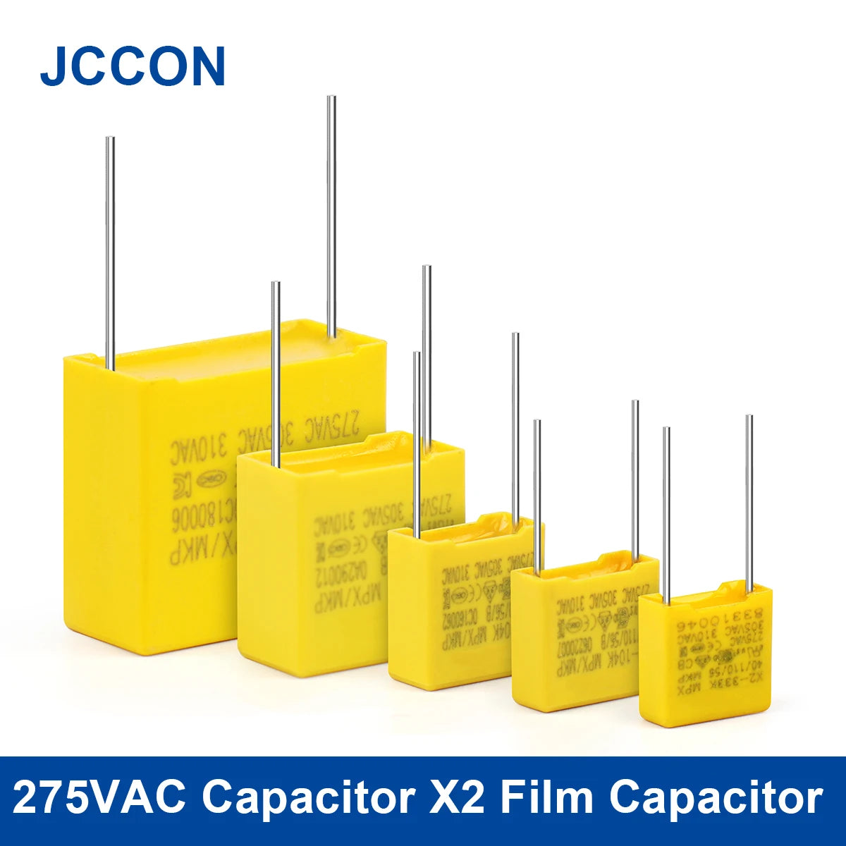 X2 series polypropylene film capacitors rated 275VAC with capacitance 0.1µF–0.47µF, suitable for AC line filtering and electronic circuits