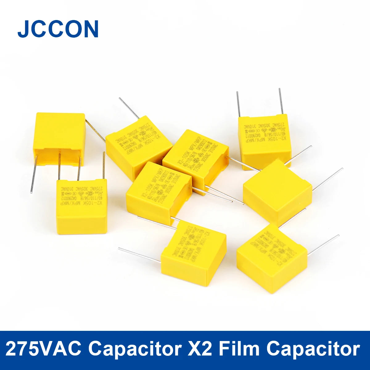 X2 series polypropylene film capacitors rated 275VAC with capacitance 0.1µF to 0.56µF, suitable for AC line filtering and electronic circuits
