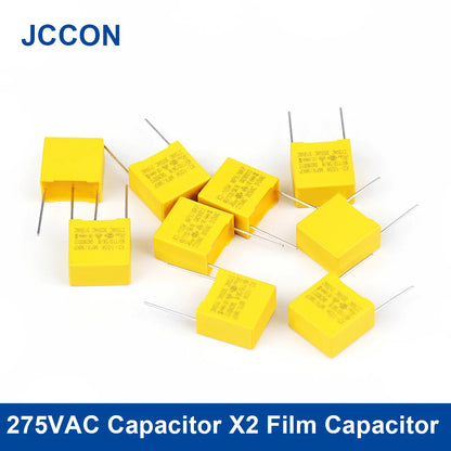 X2 series polypropylene film capacitors rated 275VAC with capacitance 0.1µF to 0.56µF, suitable for AC line filtering and electronic circuits