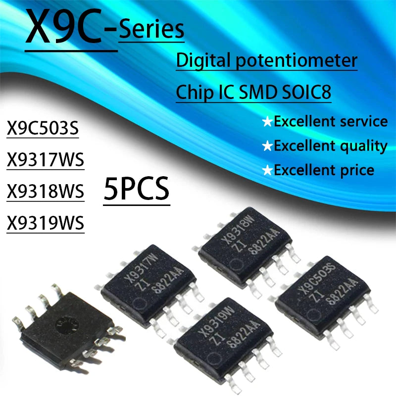 X9C503S, X9317WS, X9318WS, X9319WS digital potentiometer ICs in SMD SOIC8 package, suitable for electronic circuits and DIY projects