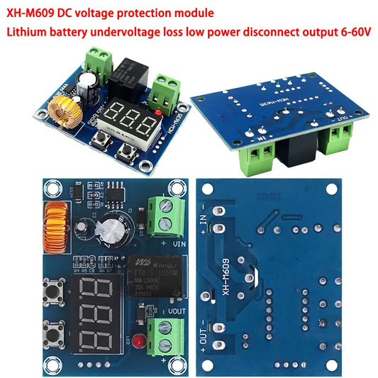XH-M609 DC voltage protection module for lithium battery systems with 6-60V input, undervoltage cutoff, and low power disconnect output