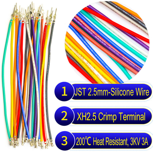 JST XH 2.5mm Male-Female Extension Pre-Crimped Terminal Silicone Cable (Without Connector), 22AWG UL3239 Soft Wire 200℃ Heat Resistant 3KV 3A
