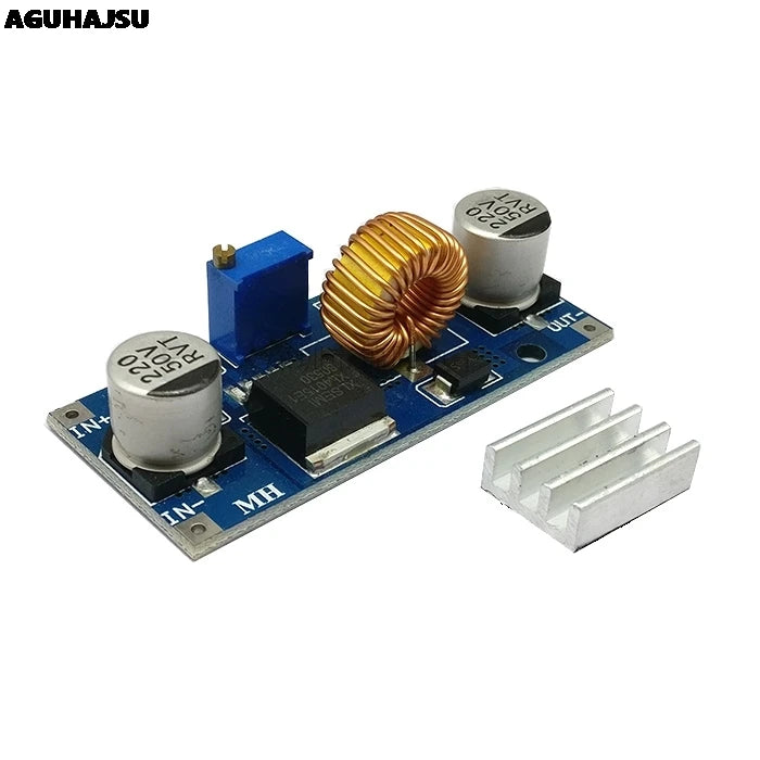 XL4015 DC-DC adjustable step-down power supply module, 4–38V input to 1.25–36V output, 5A, with LED indicator, heat sink, ideal for lithium battery charging and DIY electronics