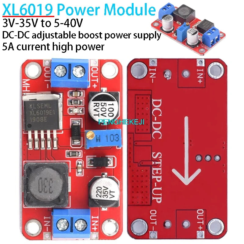 XL6019 DC-DC adjustable boost power supply module, 5A high power, upgraded from XL6009 / LM2577, suitable for DIY electronics and power projects