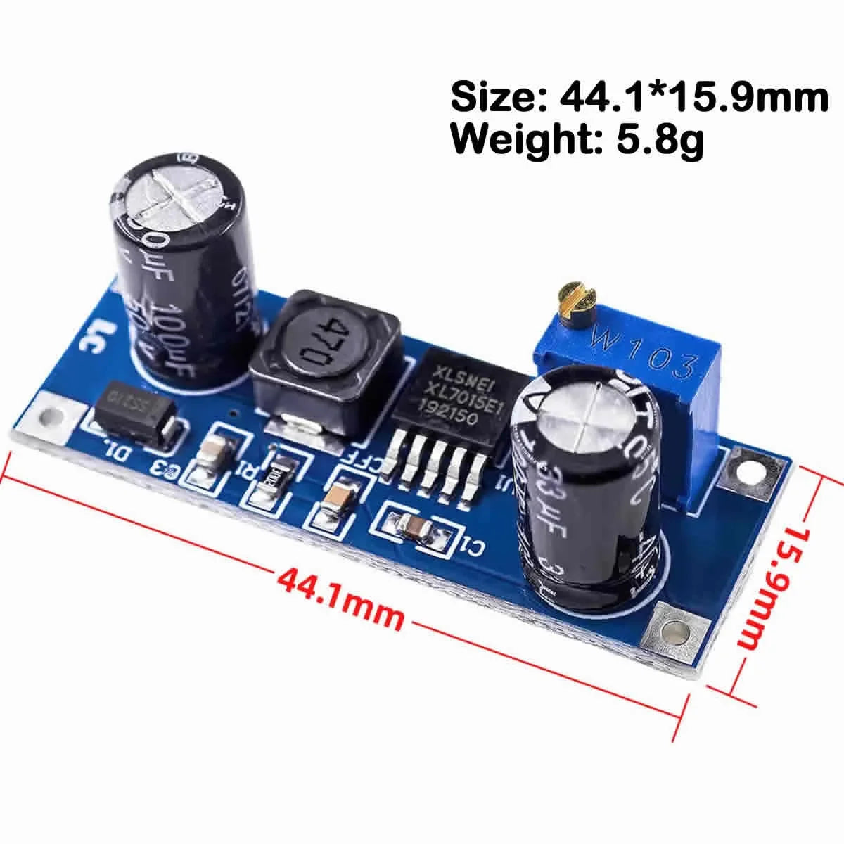 XL7015 adjustable DC-DC buck converter module, step-down 5V-80V input to 5V-20V output, wide voltage range for DIY electronics and Arduino projects
