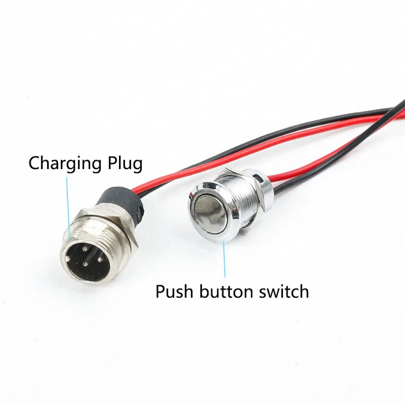 3-pin XLR charging plug switch showing button and wire interface structure