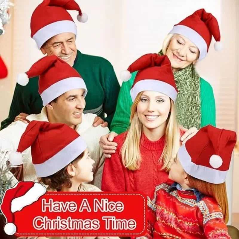Detailed view of Santa Claus Xmas hat, non-woven fabric cap for holiday decor and gifts