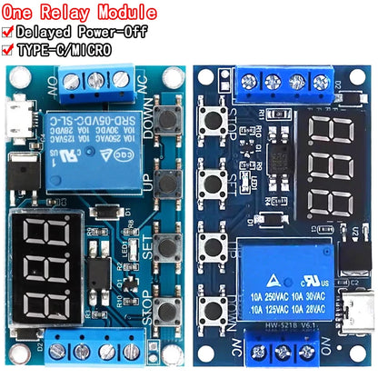 XY-J02 1-channel 5V relay module, adjustable time delay 6-30V, supports ON/OFF trigger and timer cycle up to 999 minutes for electronics projects