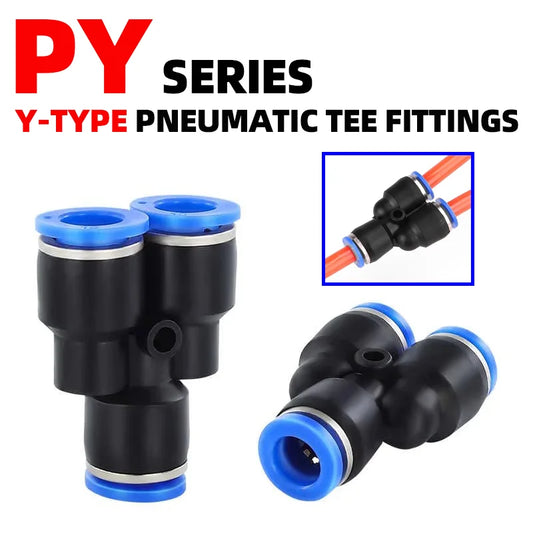 Y-Type pneumatic tee fittings PY4-PY16 4-16mm OD, push-in quick connect for air and water hose, made of blue nylon and brass