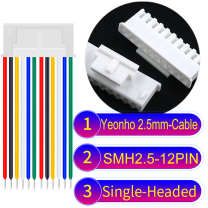 yeonho SMH250 2.54mm 12Pin single-headed cable, UL1007-certified PVC and 22AWG copper core, suitable for multiple devices.