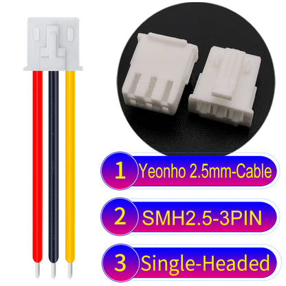 yeonho SMH250 2.54mm 3Pin single-headed cable, UL1007-certified PVC and 22AWG copper core, suitable for multiple devices.